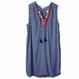 Beach lunch lounge Cover-Up Slip Dress Embroidered V-Neck Tassel  Blue White Mul